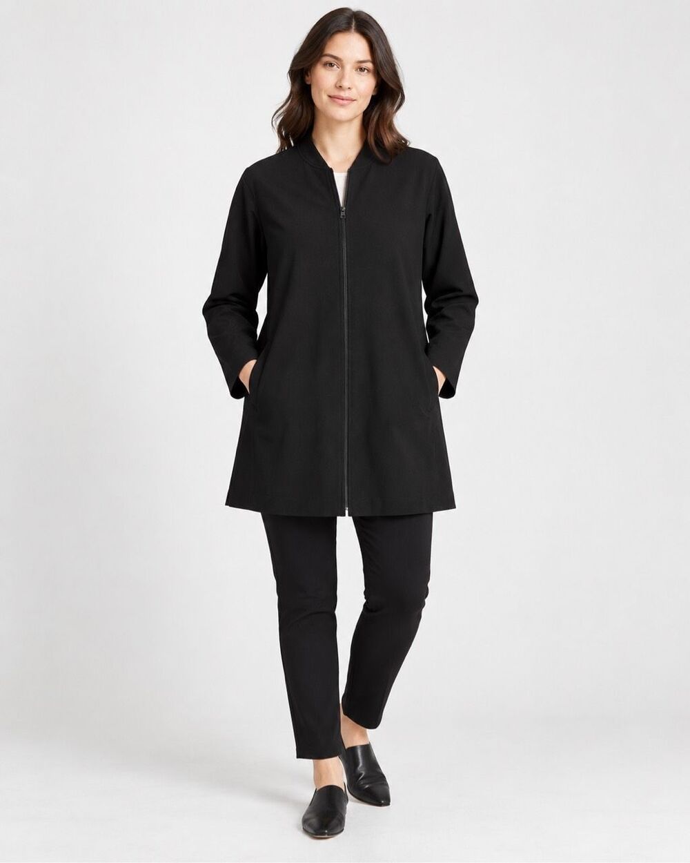 Eileen Fisher Stretch Long Flight Zip Jacket Black Minimalist Tunic Coat L